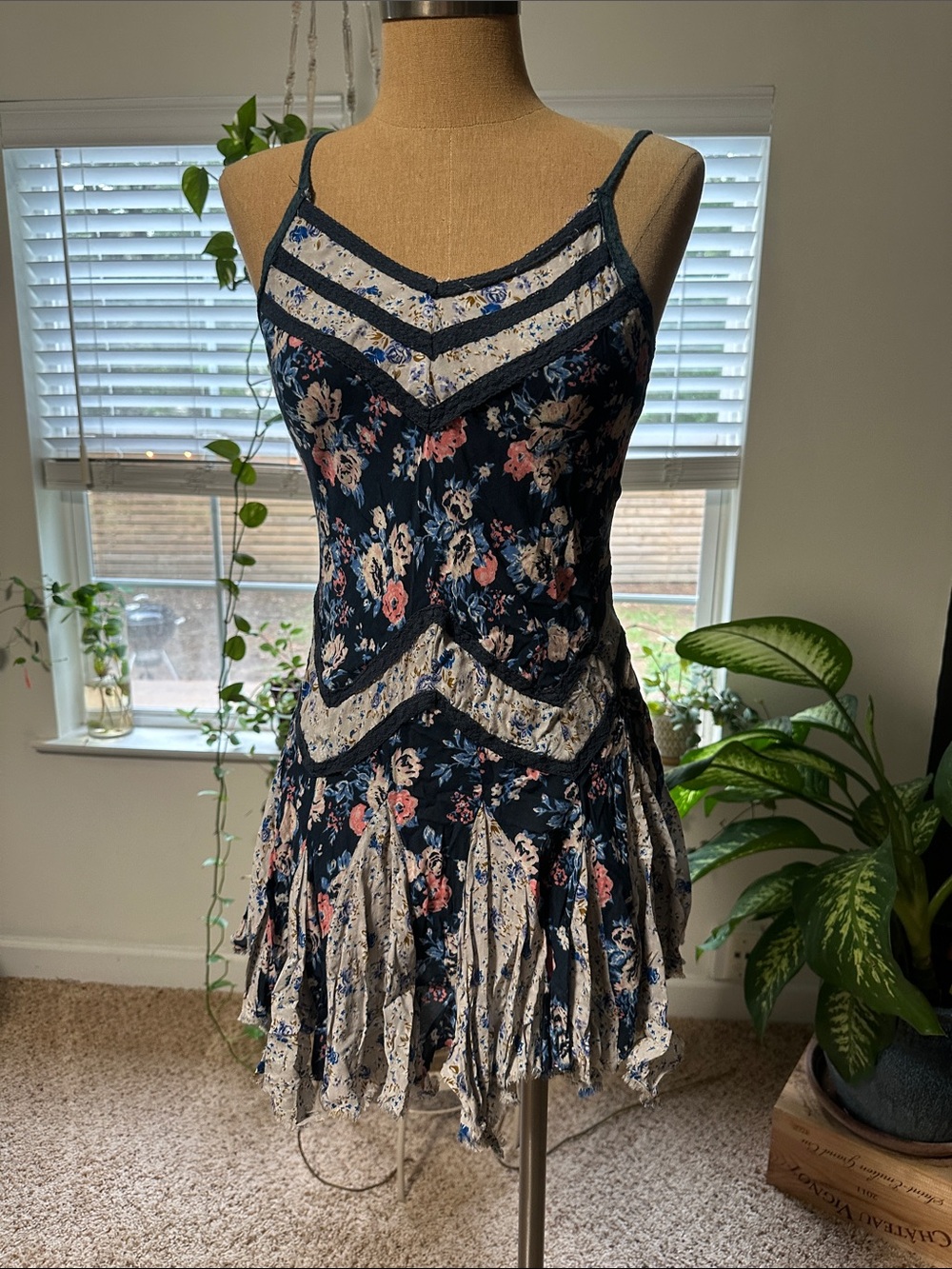Floral Navy and Cream Spaghetti Strap Dress